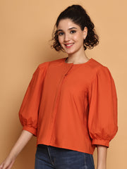 Orange Cotton Puffed Sleeves Top