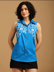 Blue Shirt with White Cut Out Embroidery
