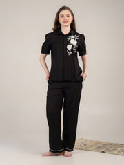 Black PYJAMA SET WITH applique embroidery