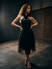 Black Mesh Flared Dress