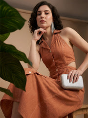 Orange Shirt Dress with Contrast Stitch