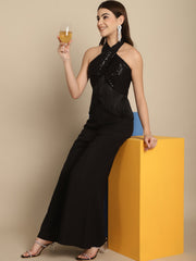 Black Sequins Wrap Top With Trouser