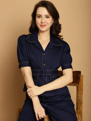 Contrast Thread Detail Co-Ord Set With Belt - Navy Blue