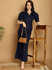 Contrast Thread Detail Co-Ord Set With Belt - Navy Blue