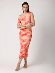 Orange Floral One Shoulder Fitted Dress
