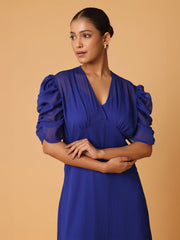 Royal Blue Puffed Cowl Sleeves Dress