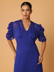 Royal Blue Puffed Cowl Sleeves Dress