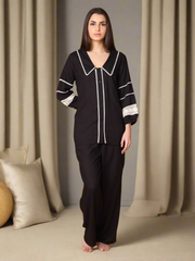 Black Collared Nightwear With Lace Inserts In Sleeves