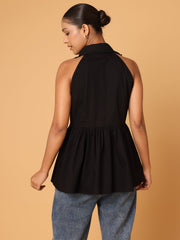 Black Peplum Shirt With Detail At Collar And Placket