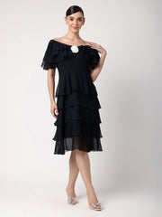 Black Chiffon Layered Dress With White Rose