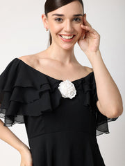 Black Chiffon Layered Dress With White Rose