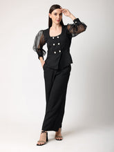 Black Double Breasted Organza Sleeves Top & Trouser Co-Ord Set