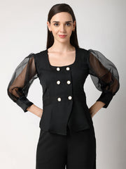Black Double Breasted Organza Sleeves Top & Trouser Co-Ord Set