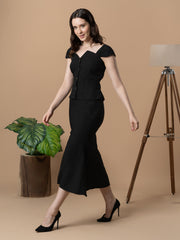Black Front Open Top with Fish Cut Skirt Co-Ord Set