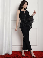 Black Sequence Peplum Top With Trouser Black Co-Ord Sets
