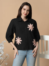 Black Shirt With 3D Pink Flowers
