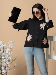 Black Shirt With 3D Pink Flowers