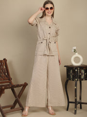 Brown & Beige Striper Shacket & Trouser