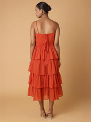 Burnt Orange Tiered Dress With Cape