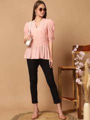 Coral Ruched V-Neck Top
