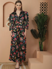 Floral Printed Black Cotton Satin Top With Pants Co-Ord Set