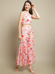 Floral Printed Pink Sharara With Crop Top
