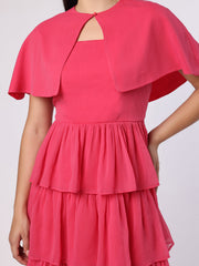 Fuchsia Pink Tiered Dress With Cape