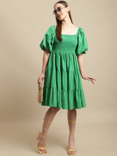 Green Melon Sleeve Cotton Flared Dress