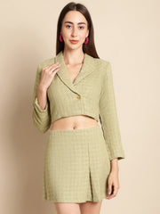 Green Short Blazer With Skirt Co-Ord Set