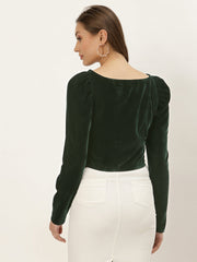 Green Velvet Puffed Sleeve Top