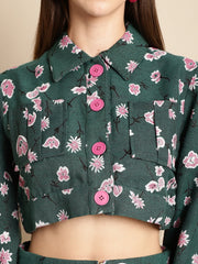 Jacquard Green Floral Jacket With Skirt Co-Ord Set