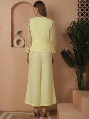 Lemon Yellow Double Breasted Organza Sleeves Top & Trouser Co-ord Set