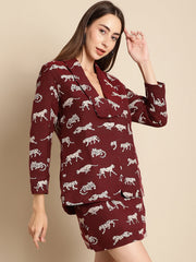 Maroon Tiger Patterned Coat With Short Skirt Co-Ord Set