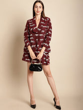 Maroon Tiger Patterned Coat With Short Skirt Co-Ord Set
