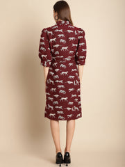 Maroon Tiger Patterned Jacquard Dress
