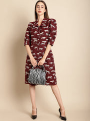 Maroon Tiger Patterned Jacquard Dress