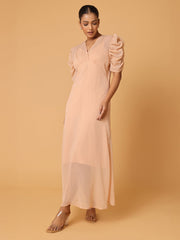 Nude Peach Puffed Cowl Sleeves Dress