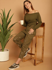 One Sided Off Shoulder Sweatshirt With Embellished Trouser