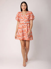 Orange Floral Dress with Belt