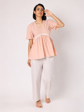 Peach Lace Detail Top With Striper Pyjamas Nightwear