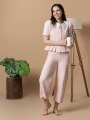 Pink Checkered Nightwear With Peter Pan Collar