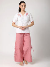 Red & White Floral Embroidered Top With Check Pyjama