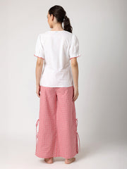 Red & White Floral Embroidered Top With Check Pyjama