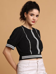 Black Contrast Crop Top With White Lace