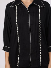 Black Nightwear With Contrast Piping And Lace