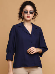 Navy Blue Formal Shirt With Lapel Collar