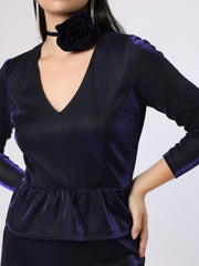 Blue Lycra Lurex Skirt And Top With Flower String Brooch