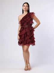 Burgundy Organza One-Shoulder Dress