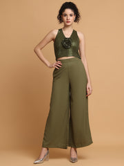 Green Sequinned Rose Top With Trousers