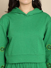 Floral Embroidered Cropped Hoodie With A-Line Trouser